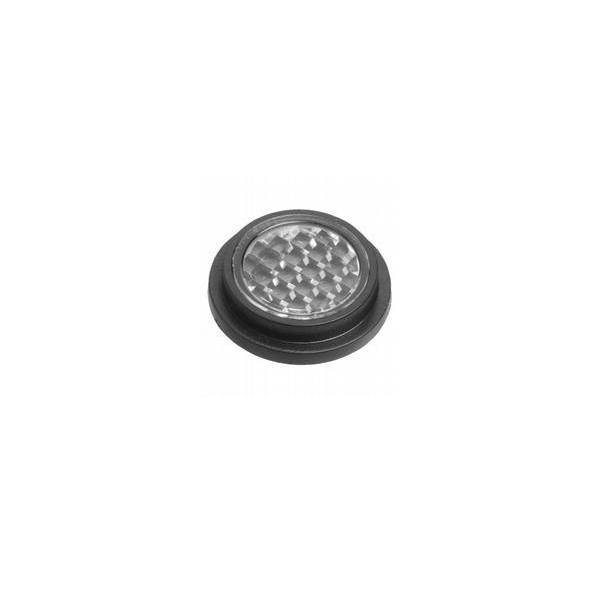 Eine kleine, runde LED-Lampe in Schwarz und Silber, von oben betrachtet, mit einer strukturierten Linse und mehreren Glühbirnen im Inneren.