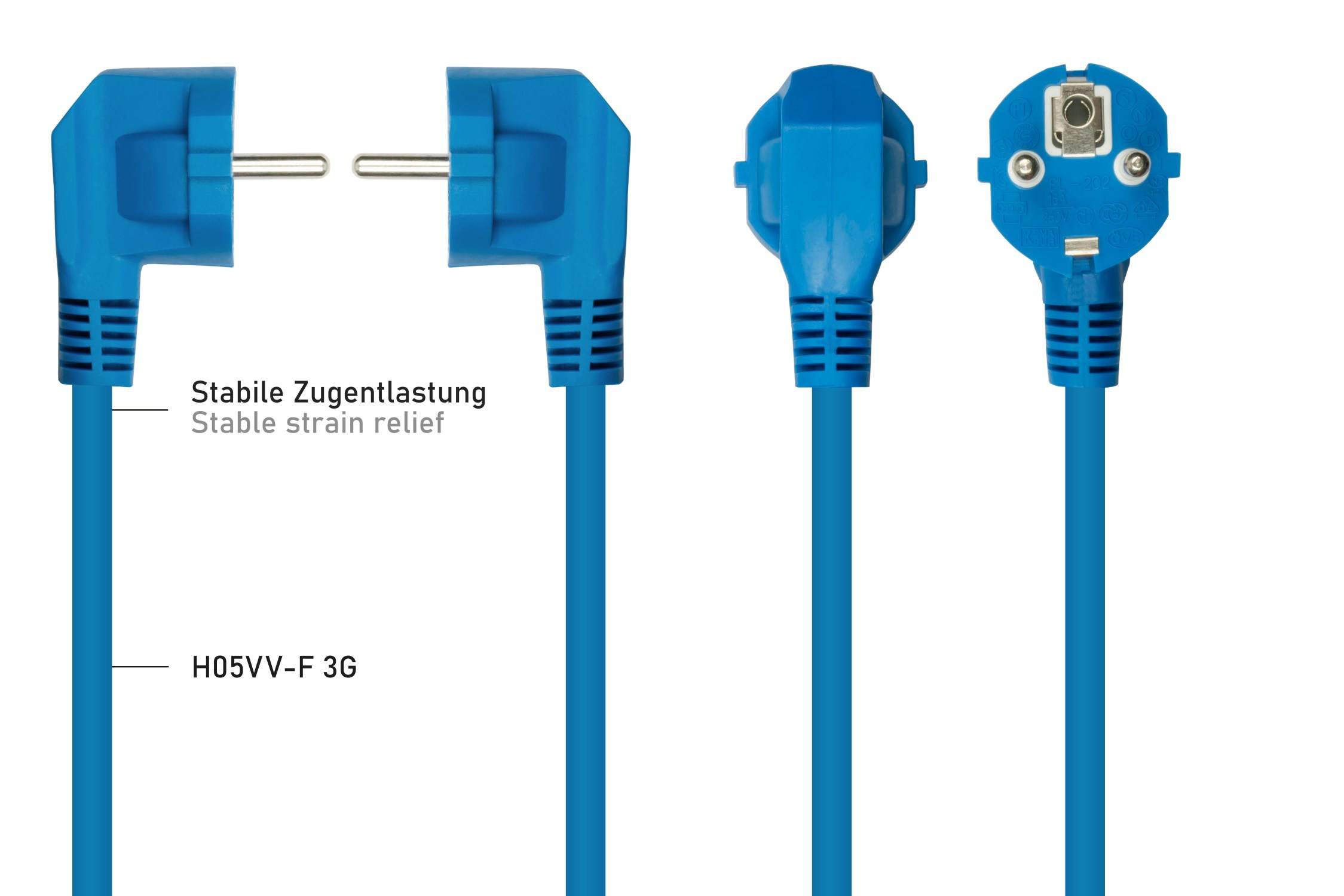 kabelmeister® Netzkabel Schutzkontakt-Stecker Typ E+F (90° gew.) an Kaltgeräte-Buchse C13, blau, 0,75mm², 0,5m