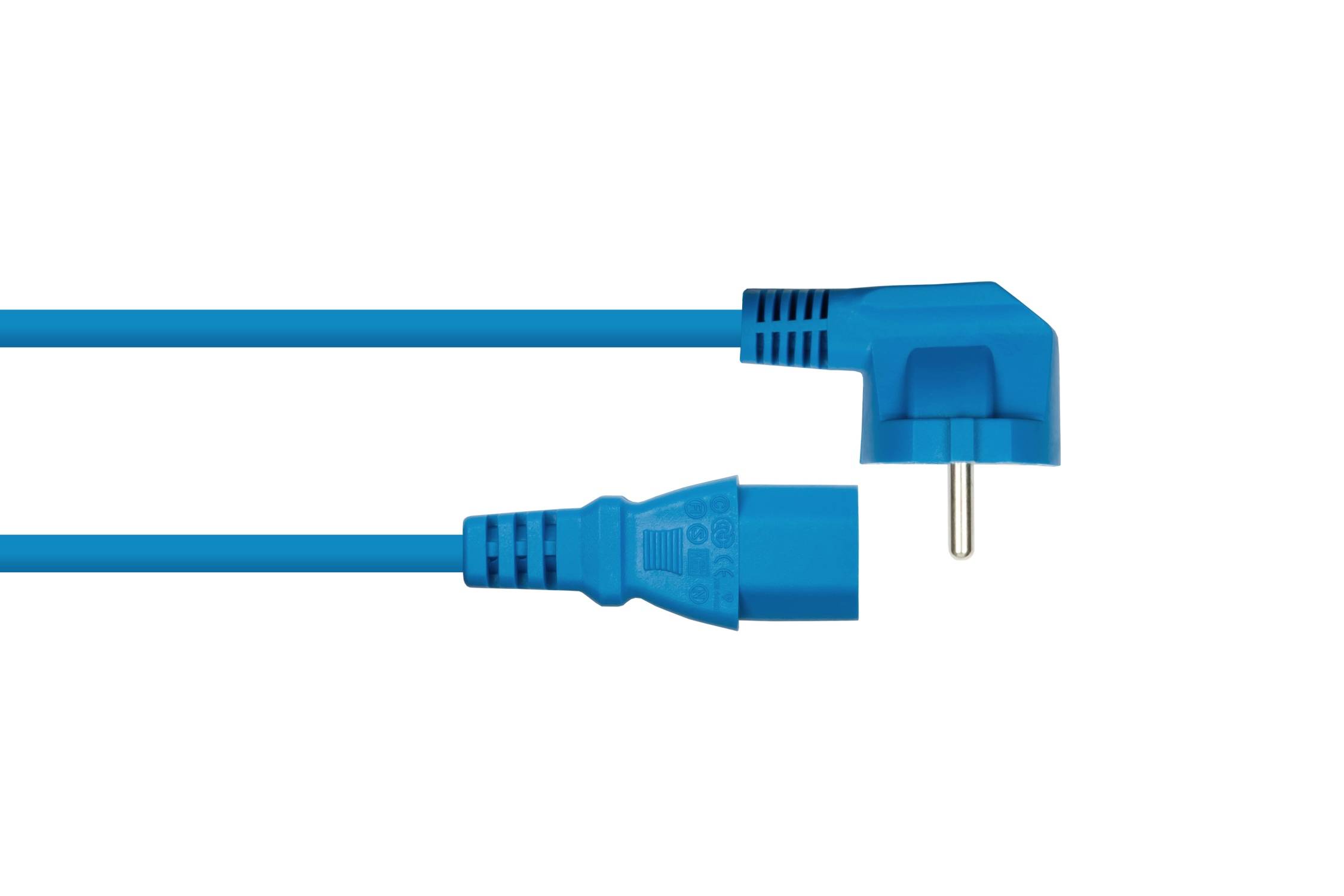 kabelmeister® Netzkabel Schutzkontakt-Stecker Typ E+F (90° gew.) an Kaltgeräte-Buchse C13, blau, 1,00mm², 3m