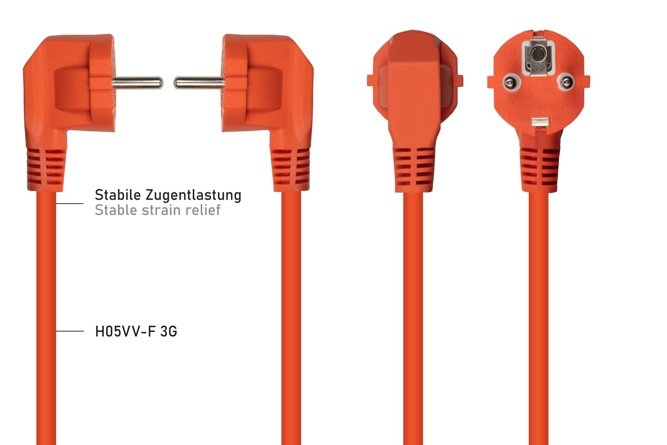 kabelmeister® Netzkabel Schutzkontakt-Stecker Typ E+F (90° gew.) an Kaltgeräte-Buchse C13, orange, 0,75mm², 0,5m