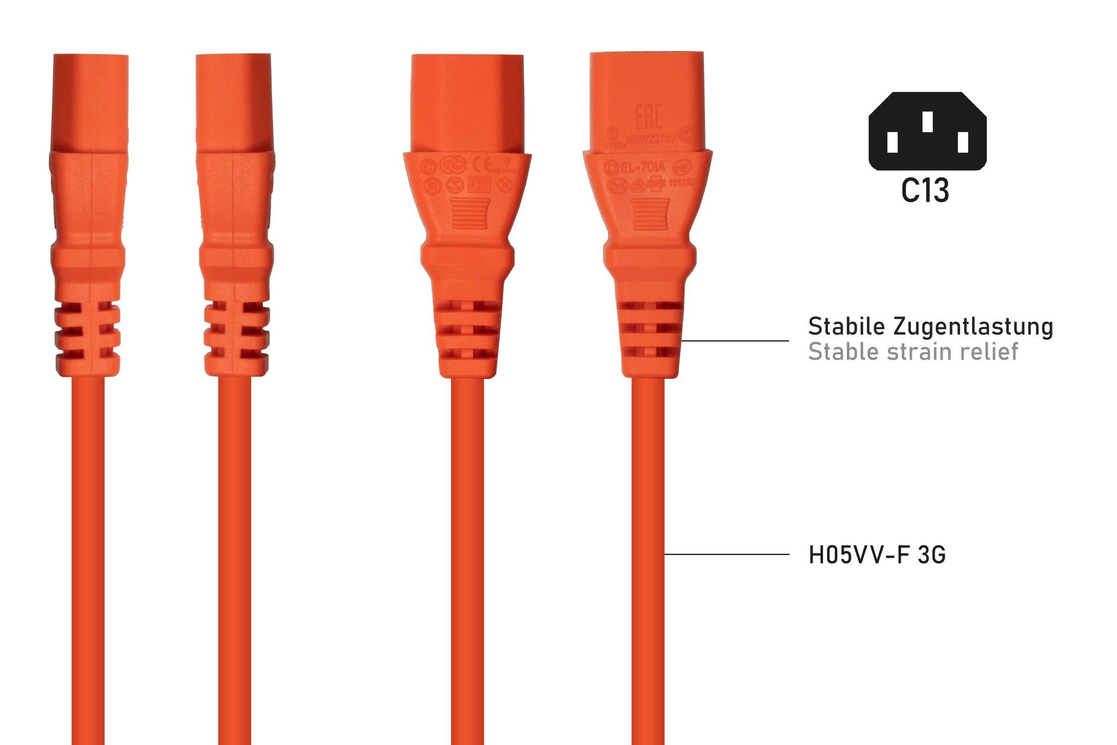 kabelmeister® Netzkabel Schutzkontakt-Stecker Typ E+F (90° gew.) an Kaltgeräte-Buchse C13, orange, 1,00mm², 5m