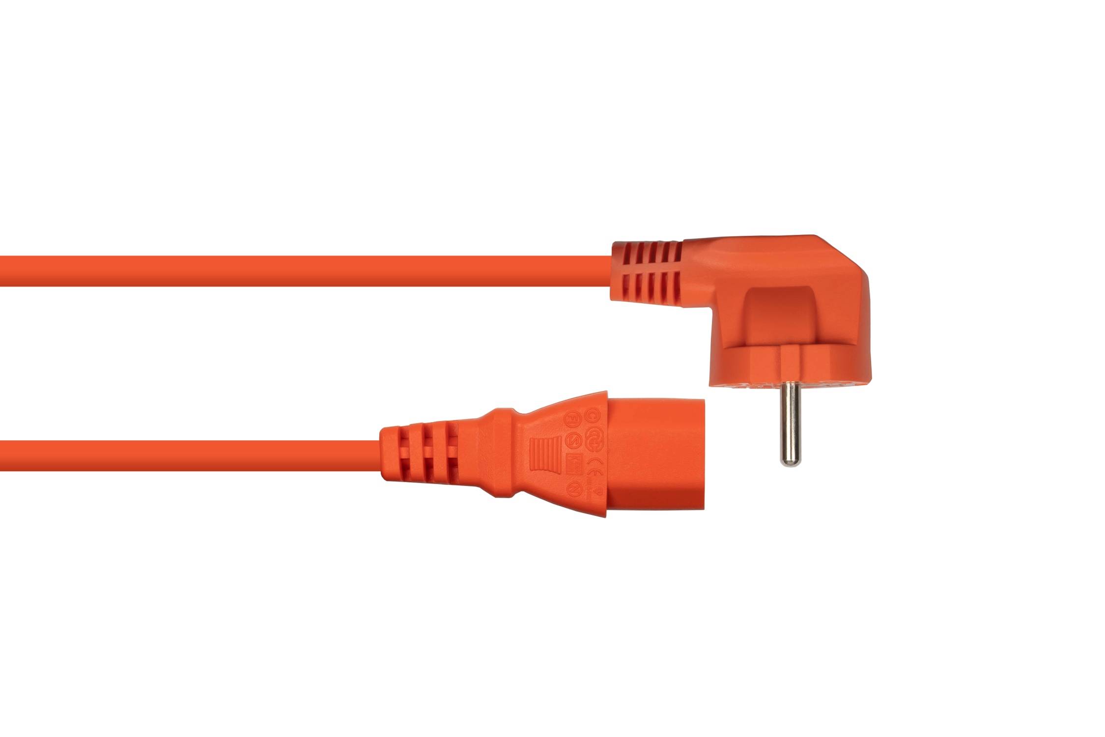 kabelmeister® Netzkabel Schutzkontakt-Stecker Typ E+F (90° gew.) an Kaltgeräte-Buchse C13, orange, 0,75mm², 0,5m