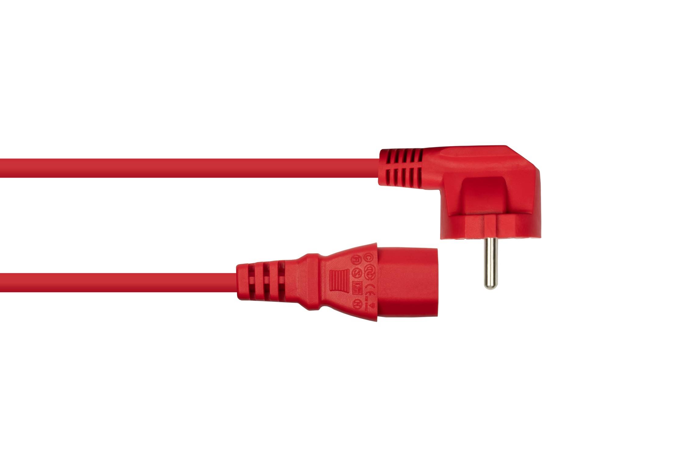 kabelmeister® Netzkabel Schutzkontakt-Stecker Typ E+F (90° gew.) an Kaltgeräte-Buchse C13, rot, 0,75mm², 1,8m