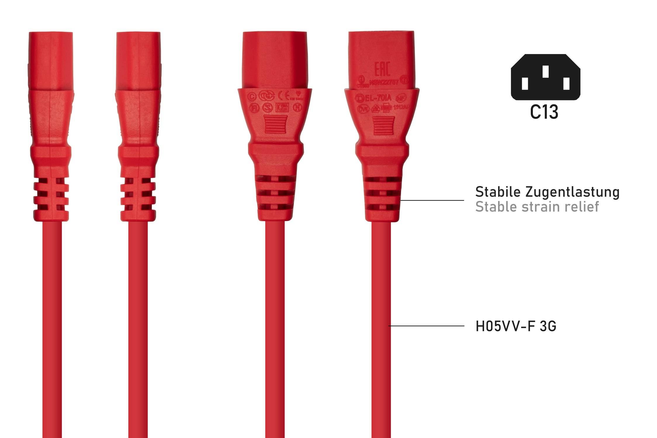 kabelmeister® Netzkabel Schutzkontakt-Stecker Typ E+F (90° gew.) an Kaltgeräte-Buchse C13, rot, 1,00mm², 5m