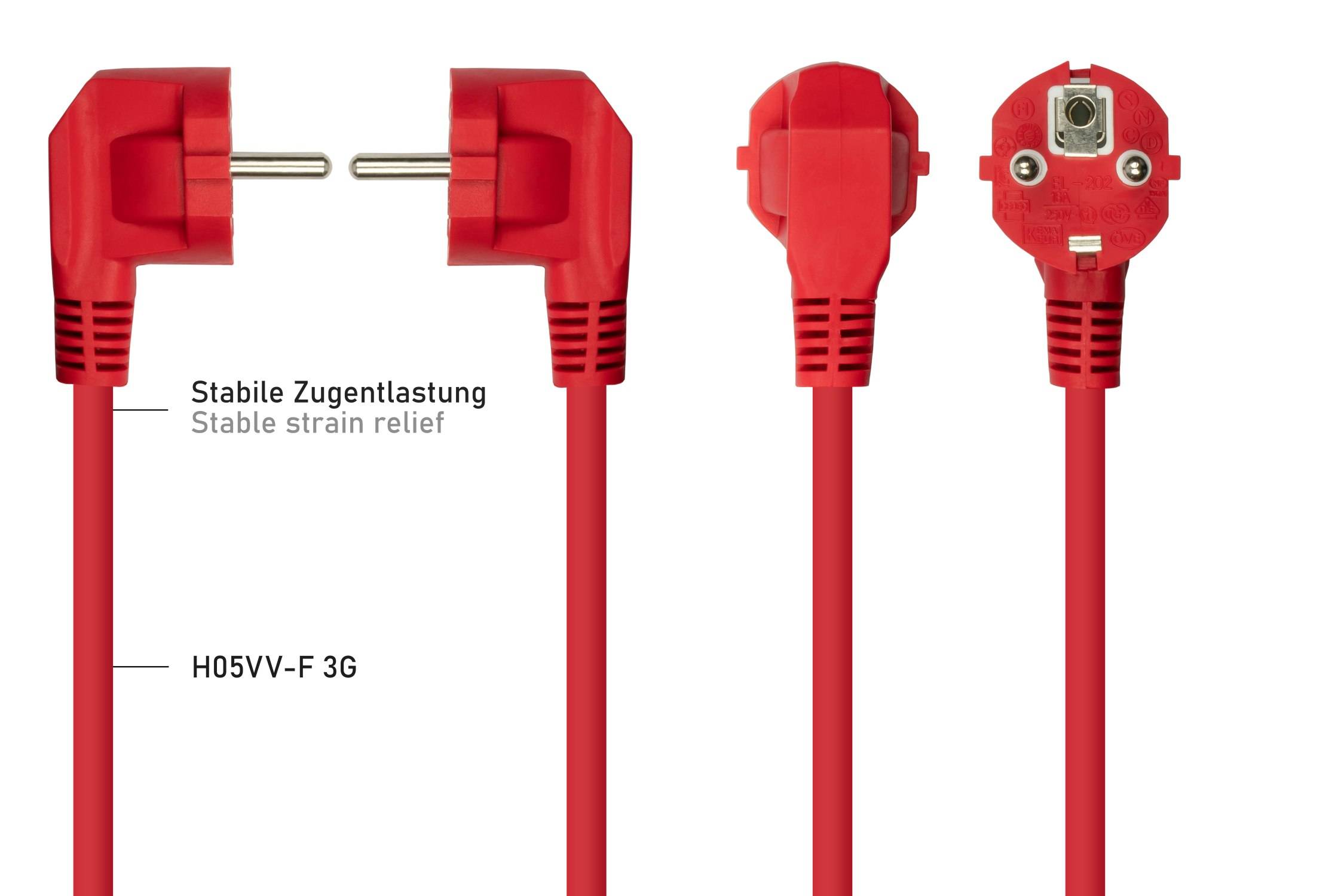 kabelmeister® Netzkabel Schutzkontakt-Stecker Typ E+F (90° gew.) an Kaltgeräte-Buchse C13, rot, 0,75mm², 0,5m