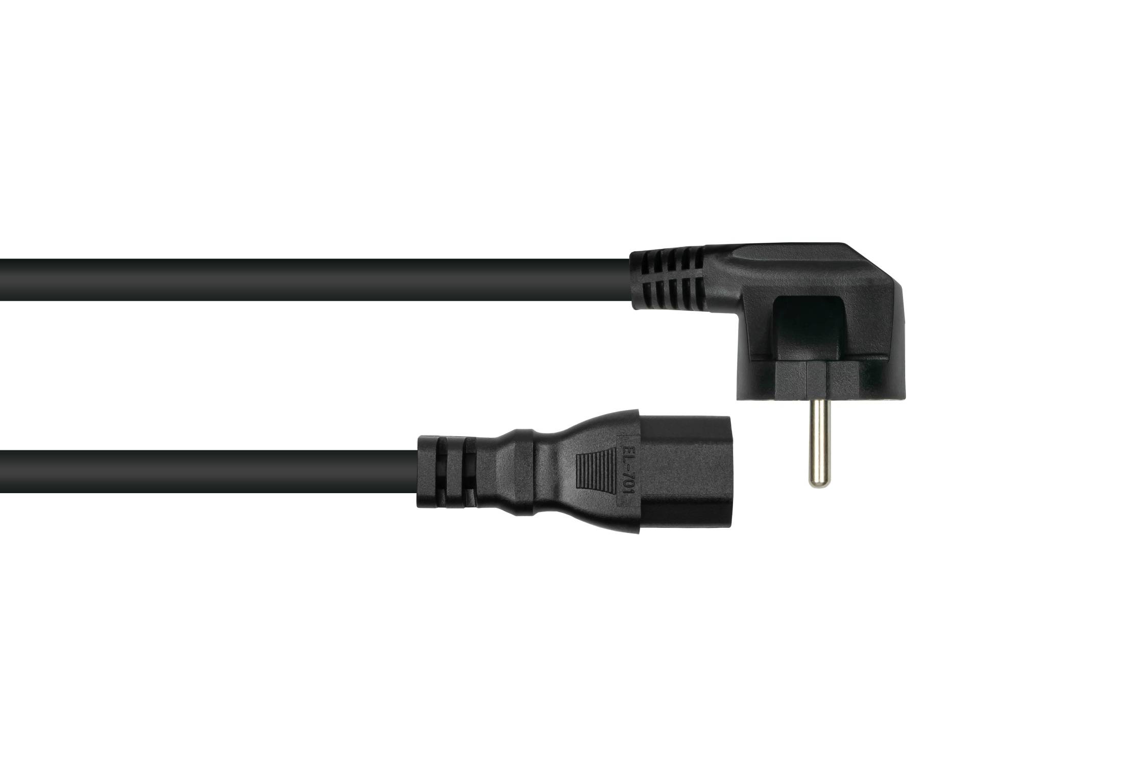 kabelmeister® Netzkabel Schutzkontakt-Stecker Typ E+F (90° gew.) an Warmgeräte-Buchse C15, schwarz, 1,00mm², 1m