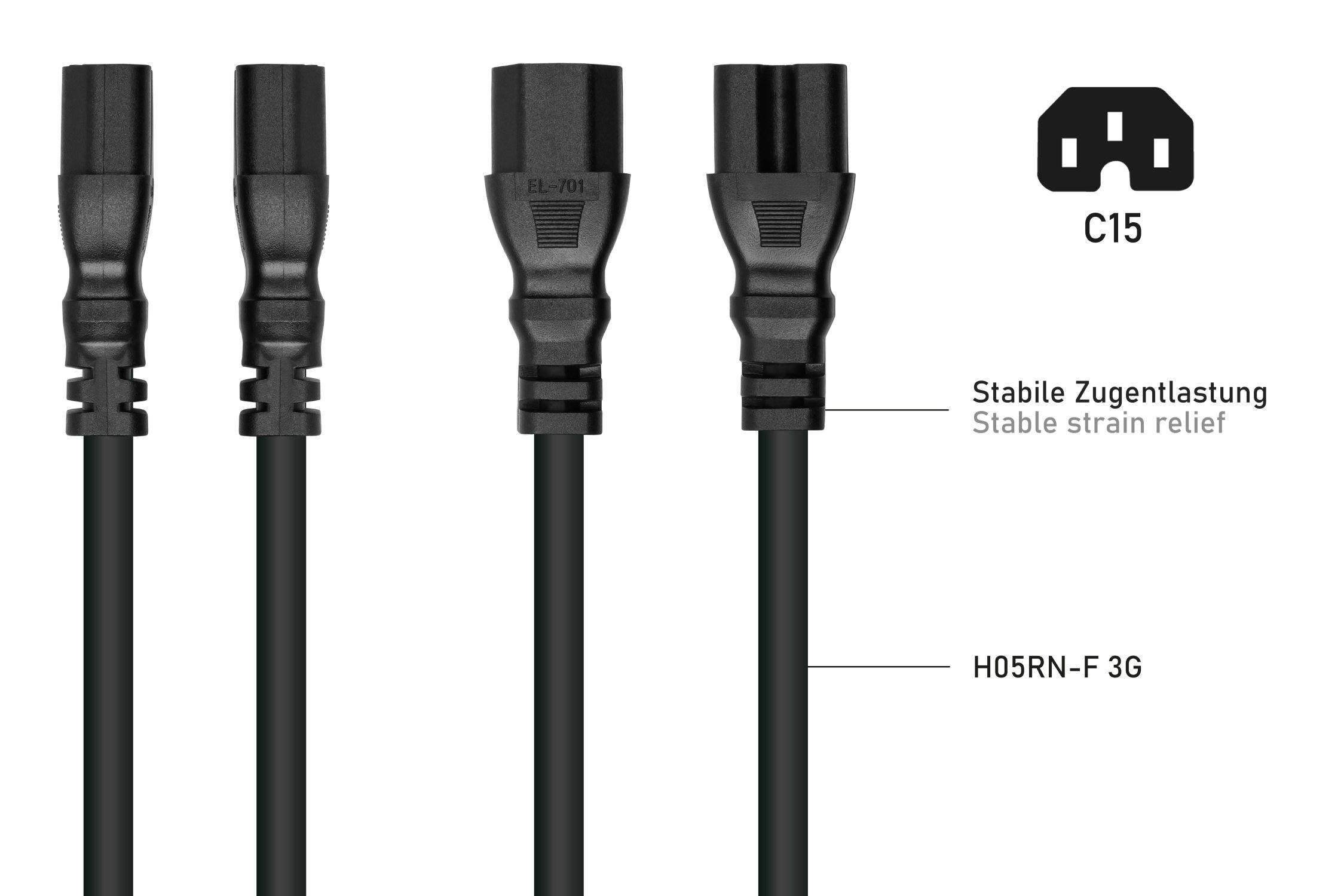 kabelmeister® Netzkabel Schutzkontakt-Stecker Typ E+F (90° gew.) an Warmgeräte-Buchse C15, schwarz, 1,00mm², 3m