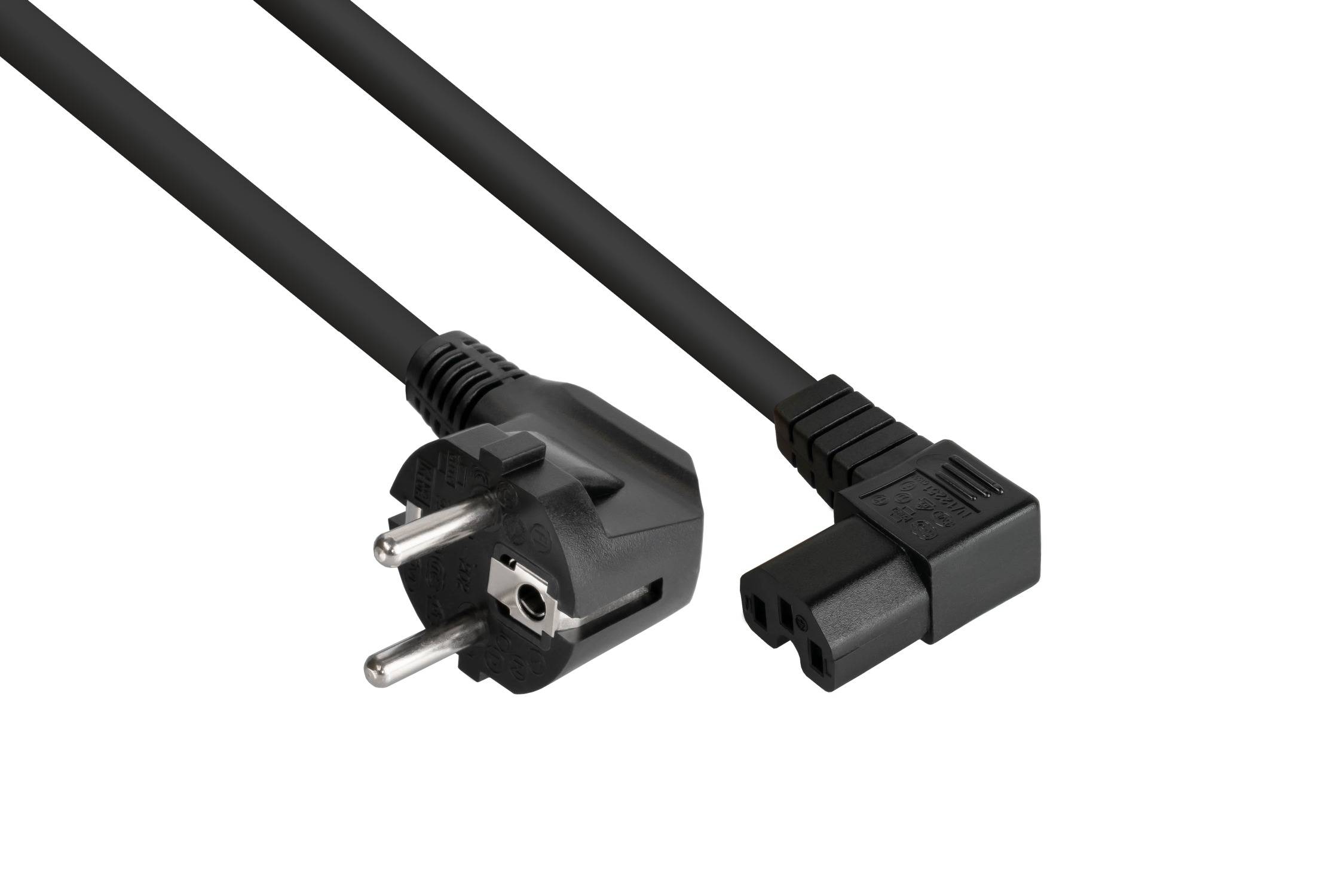 kabelmeister® Netzkabel Schutzkontakt-Stecker Typ E+F (90° gew.) an Warmgeräte-Buchse C15 (r. gew.)