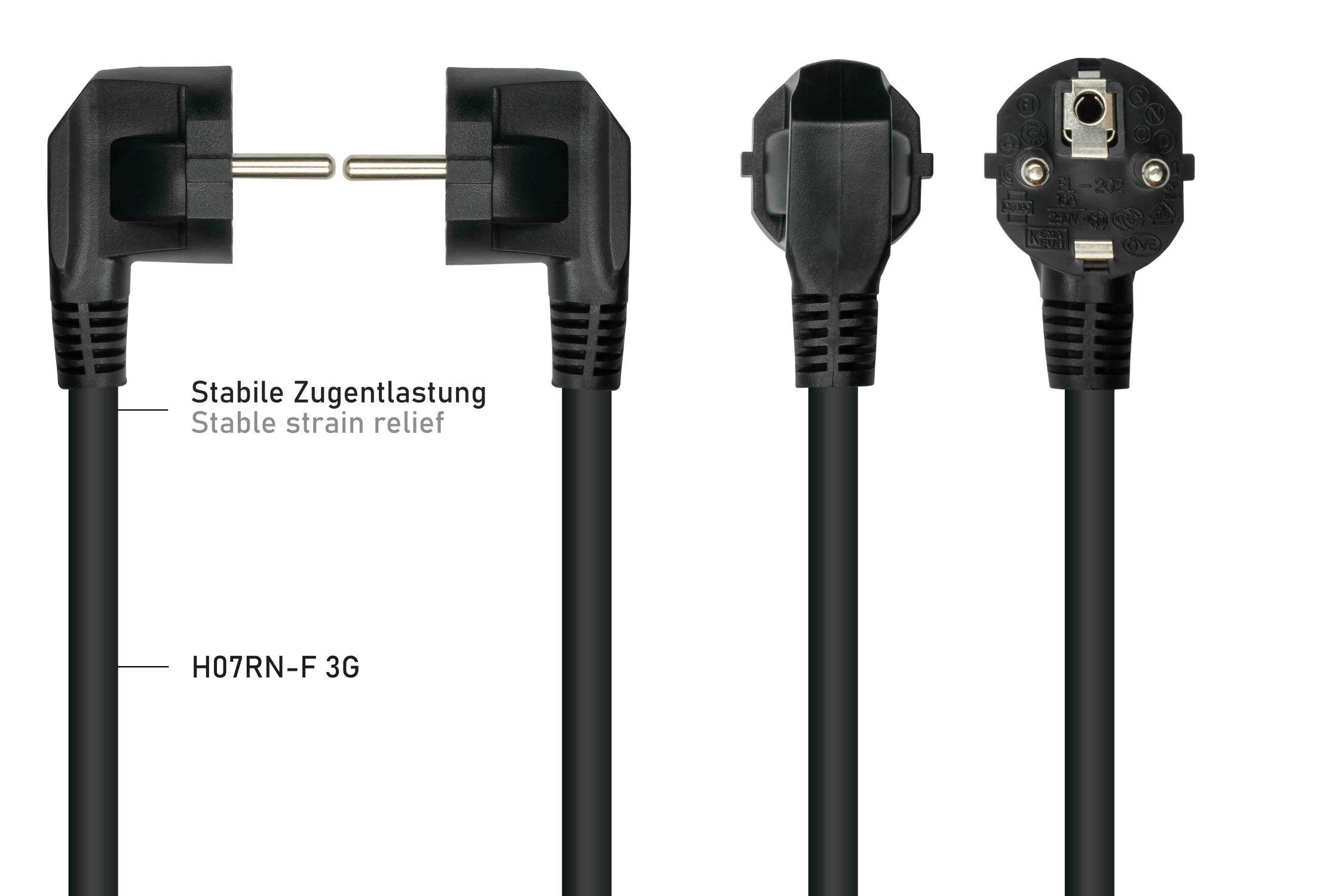 kabelmeister® Netzkabel Schutzkontakt-Stecker Typ E+F (90° gew.) an Warmgeräte-Buchse C15 (r. gew.)