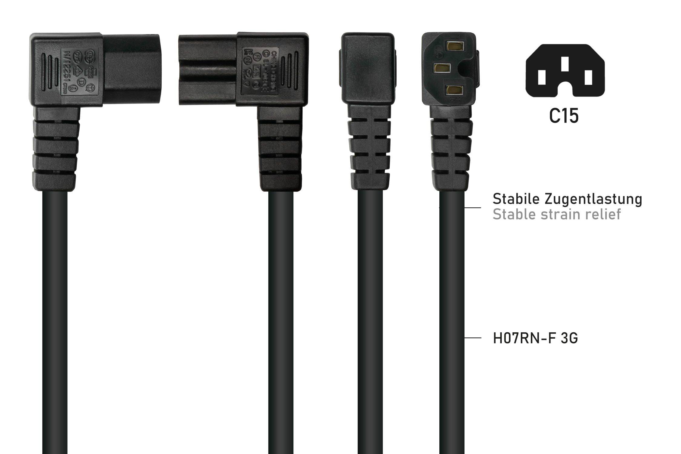 kabelmeister® Netzkabel Schutzkontakt-Stecker Typ E+F (90° gew.) an Warmgeräte-Buchse C15 (r. gew.)