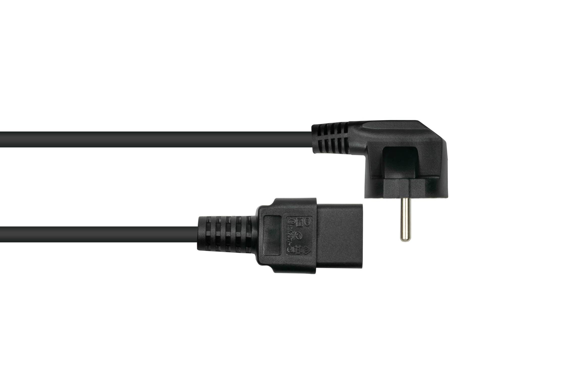 kabelmeister® Netzkabel Schutzkontakt-Stecker Typ E+F (90° gew.) an Kaltgeräte-Buchse C19, schwarz, 1,00mm², 1m