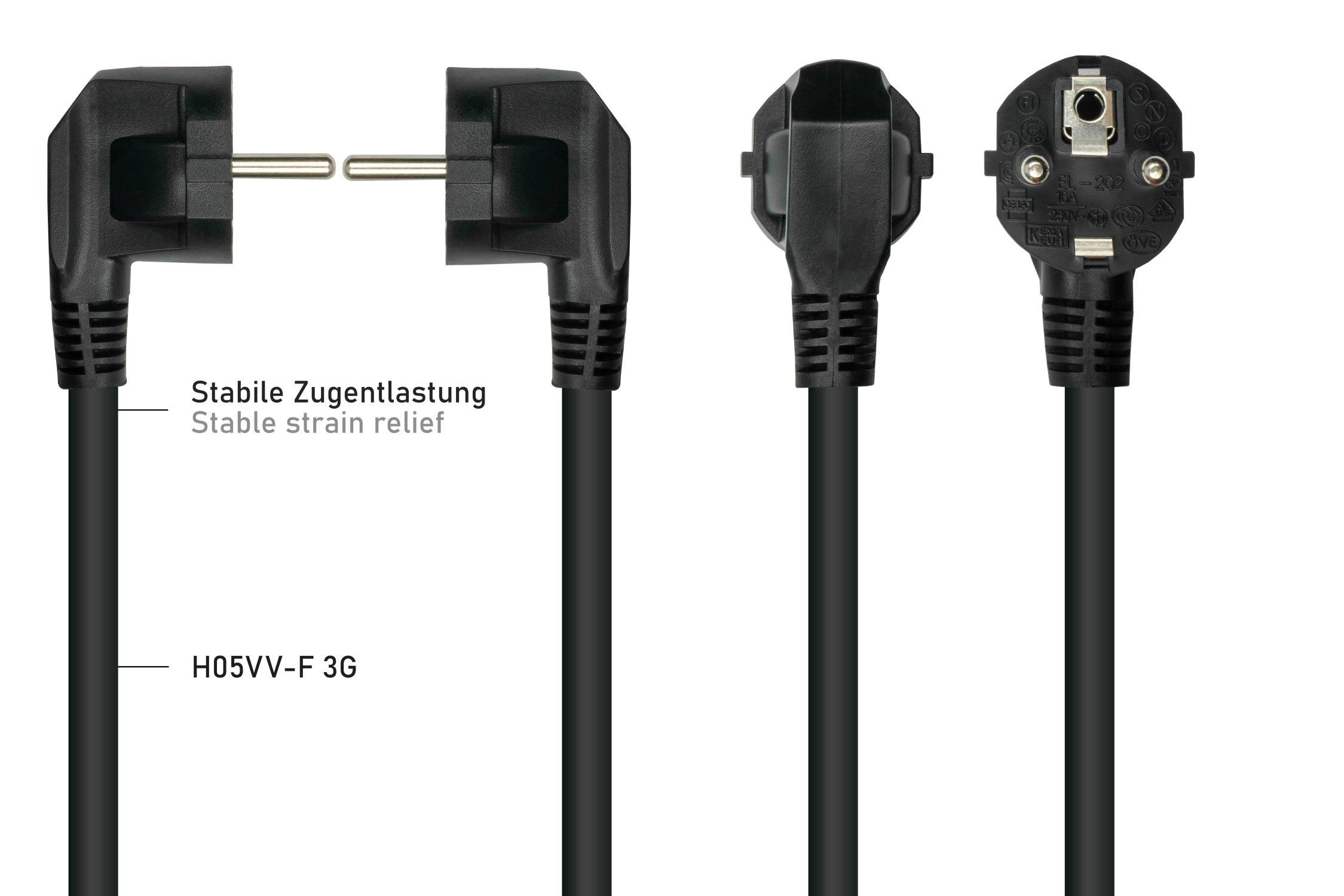 kabelmeister® Netzkabel Schutzkontakt-Stecker Typ E+F (90° gew.) an Kaltgeräte-Buchse C19, schwarz, 1,00mm², 1m