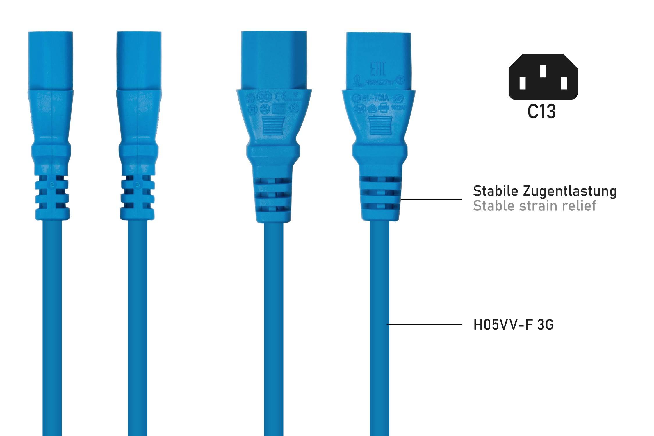 kabelmeister® Kaltgeräteverlängerung Kaltgeräte-Stecker C14 an Kaltgeräte-Buchse C13, blau, 1,00mm², 3m