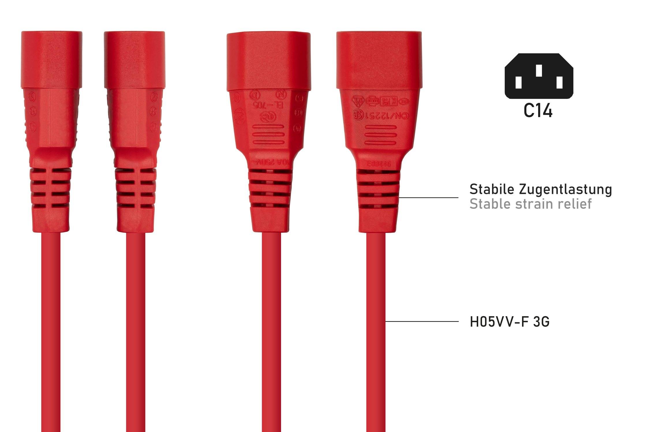 kabelmeister® Kaltgeräteverlängerung Kaltgeräte-Stecker C14 an Kaltgeräte-Buchse C13, rot, 0,75mm², 1m