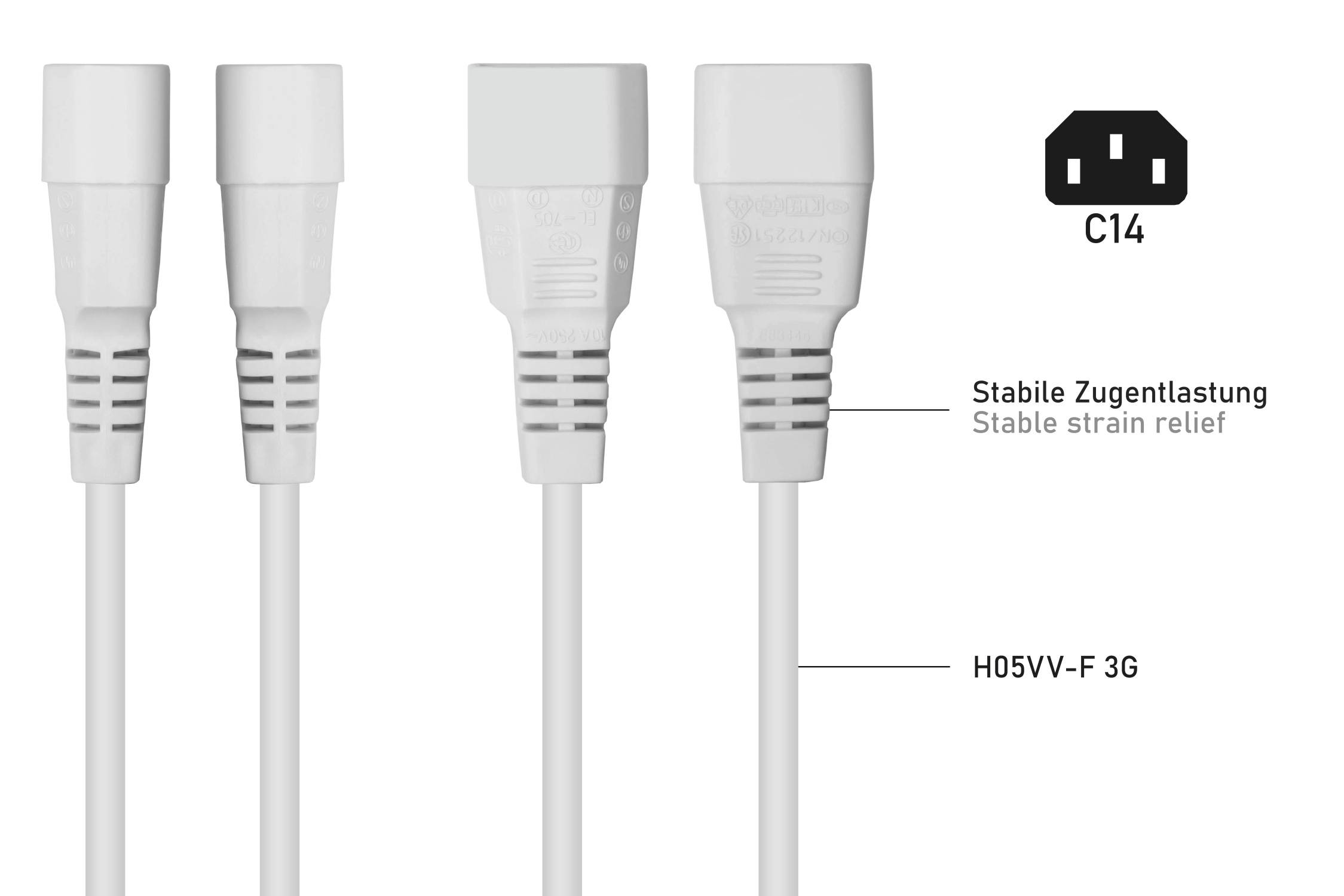 kabelmeister® Kaltgeräteverlängerung Kaltgeräte-Stecker C14 an Kaltgeräte-Buchse C13, weiß, 0,75mm², 0,5m