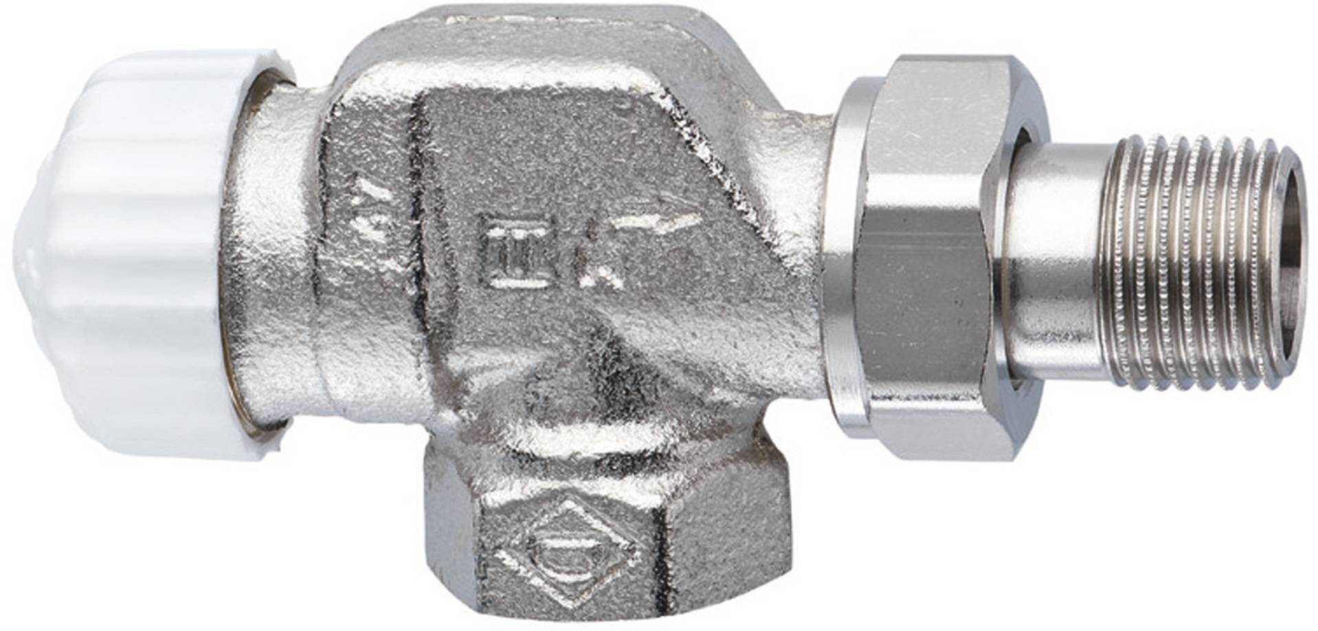 Eine Metallrohrverschraubung mit einer sechseckigen Mutter, die eine T-förmige Gestaltung und industrielle Markierungen aufweist. Verwendet zum Verbinden von Rohrleitungen.
