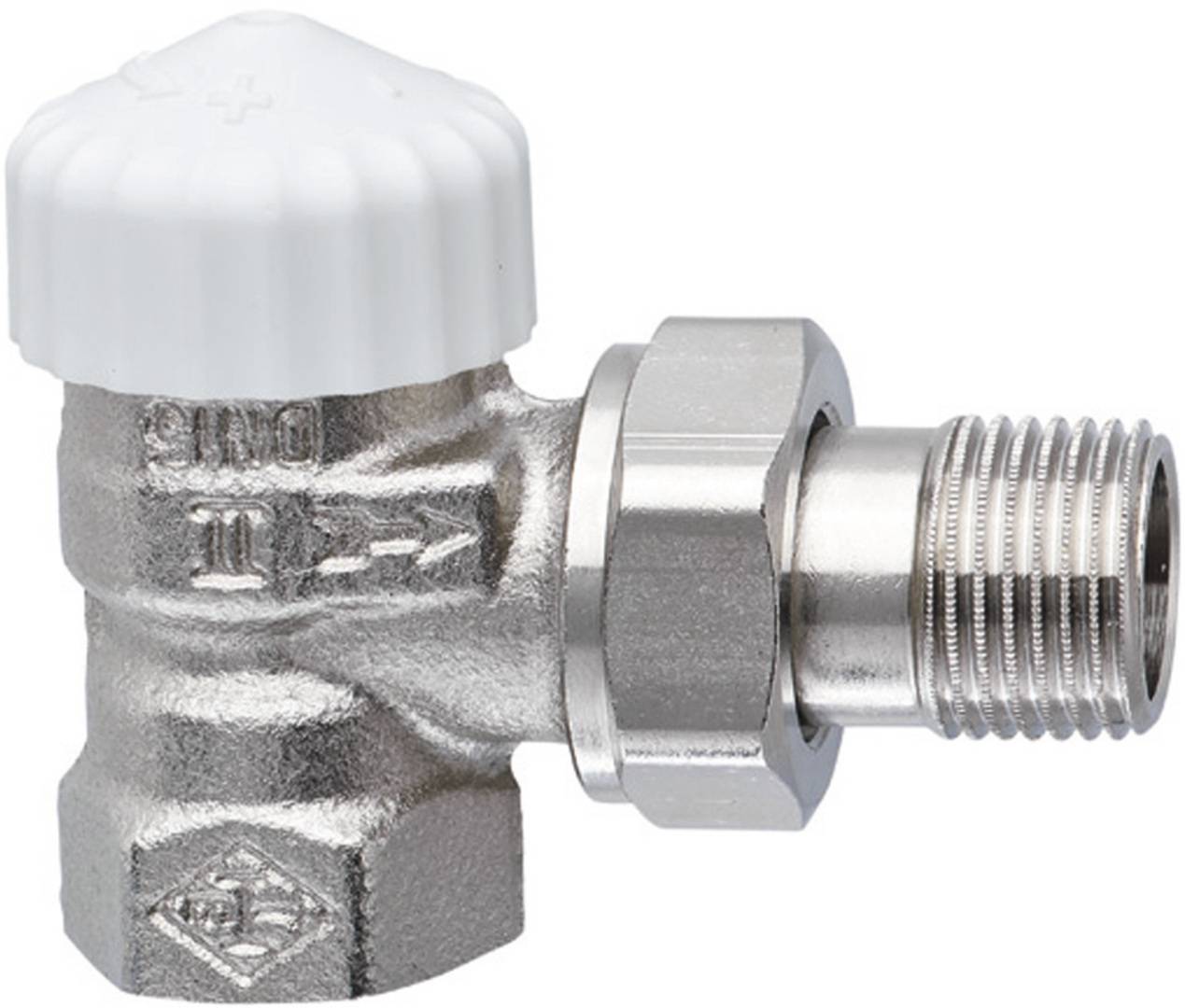 Ein Metallventil mit einem weißen Kunststoffgriff und einem Pfeil, der die Fließrichtung anzeigt. Das Ventil verfügt über eine sechseckige Mutter an einer Seite für eine sichere Befestigung.