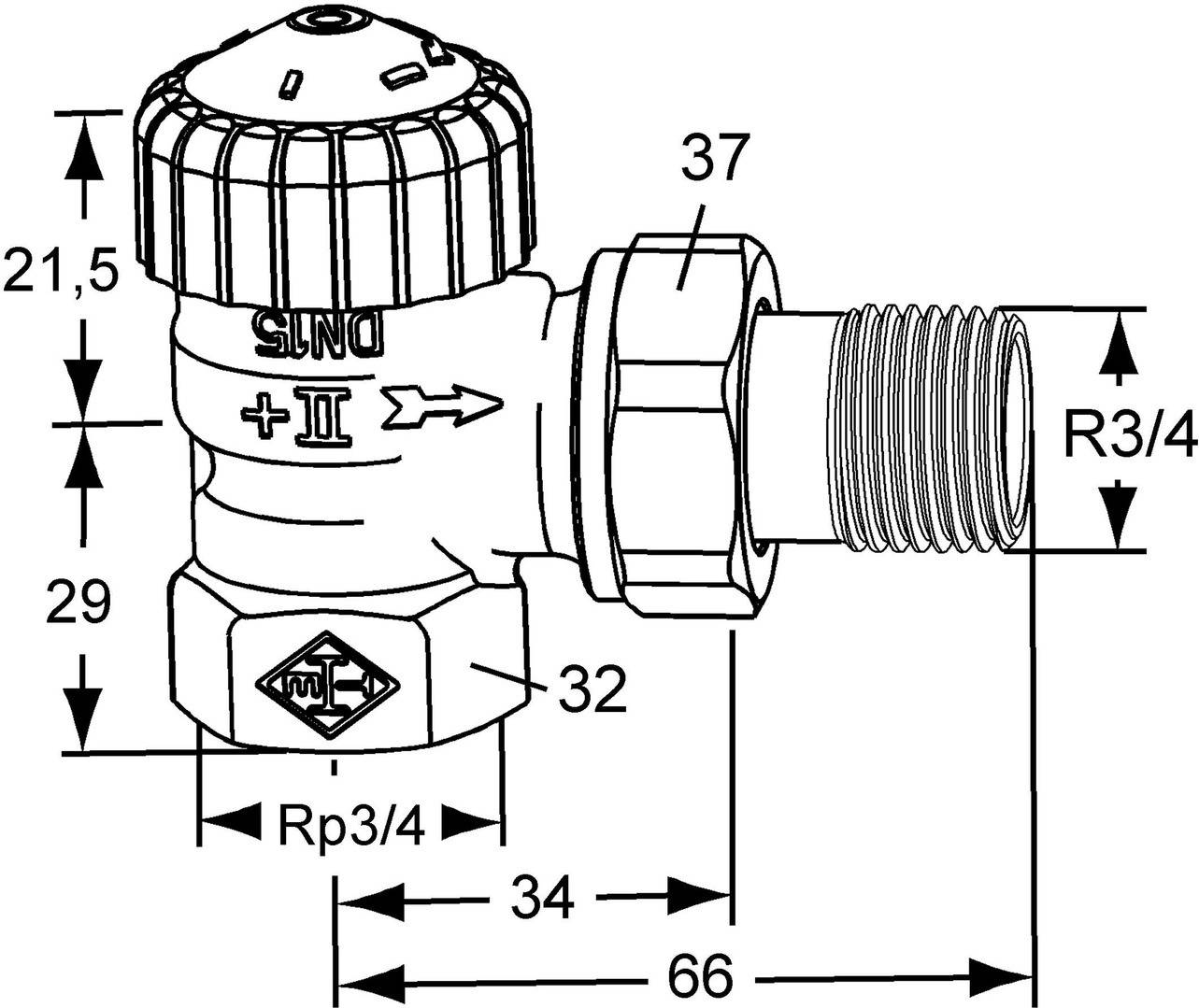 Eine technische Zeichnung eines Ventils mit Maßangaben: Rp3/4 und 66 mm. Beschriftungen und Pfeile zeigen Richtung und Teilenummerierung an.