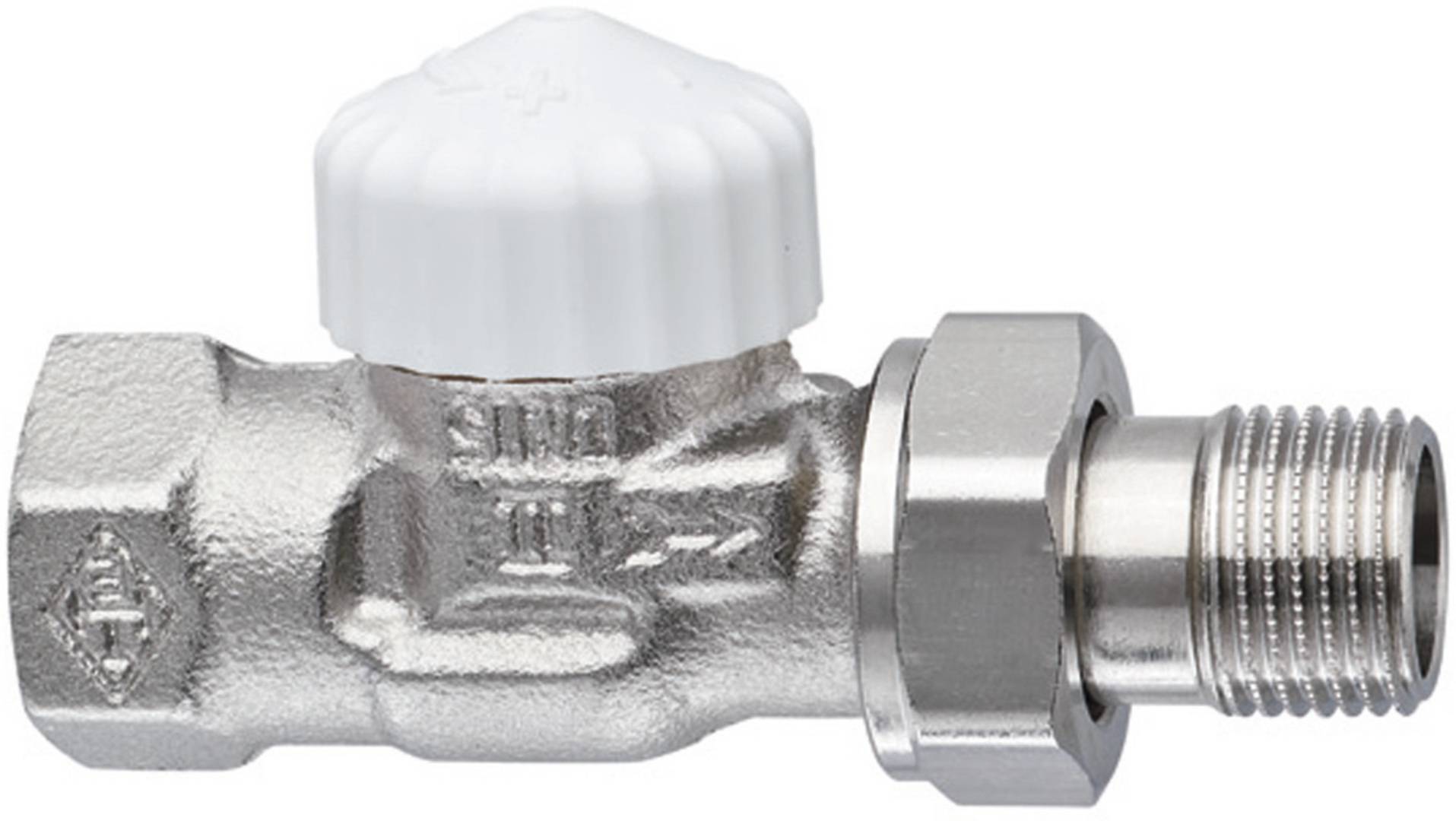 Ein Nahaufnahmebild eines metallischen Heizkörperventils mit einem weißen Kunststoffgriff, das handwerkliche Details und Anschlüsse zeigt.