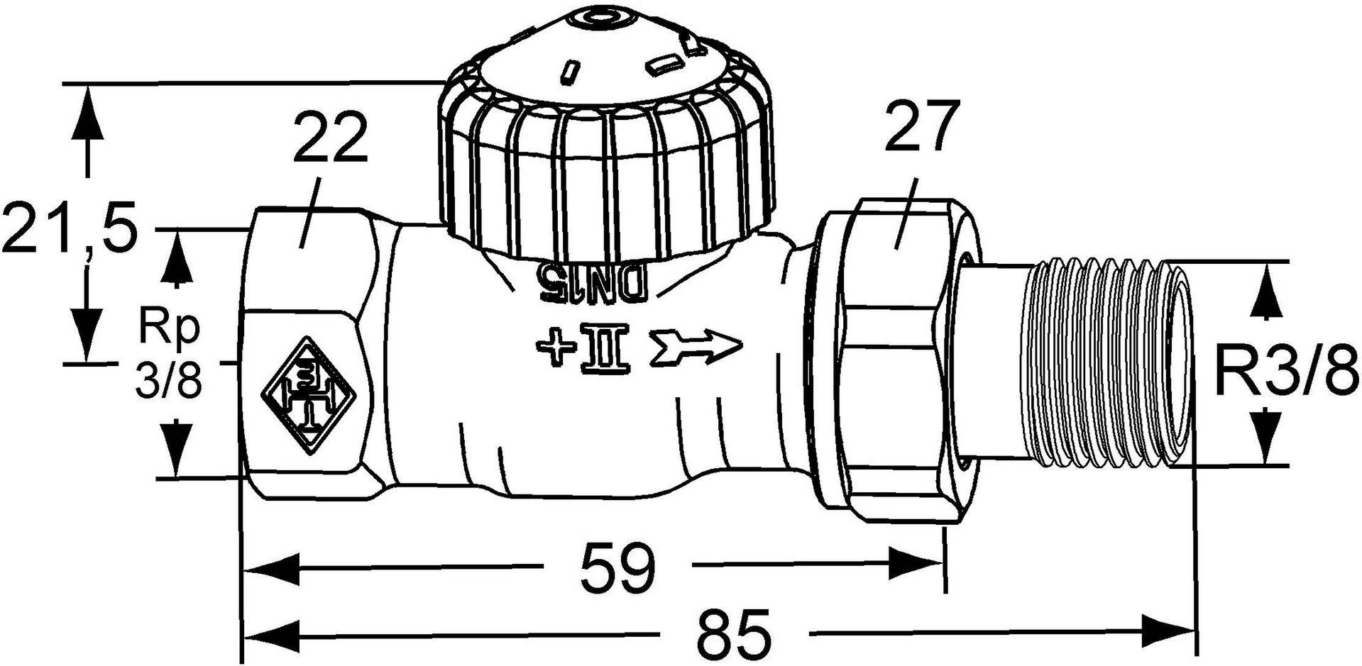 Ein Diagramm, das ein thermostatisches Heizkörperventil zeigt, beschriftet mit Pfeilen und der Messung '85' und '27'. Text liest sich 'DN15' und 'II'.