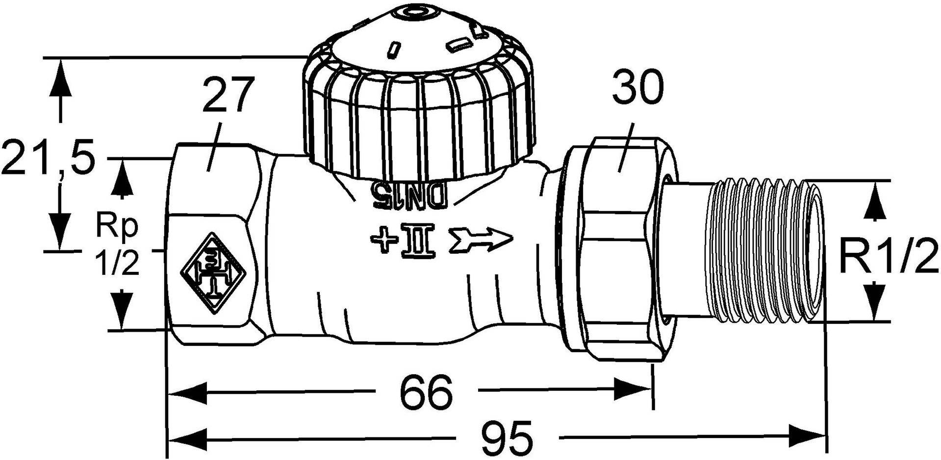 Eine technische Zeichnung eines DN15-Rohventils mit detaillierten Messungen, die 95 und 30 markieren, wobei die Fließrichtung mit einem Pfeil gekennzeichnet ist.