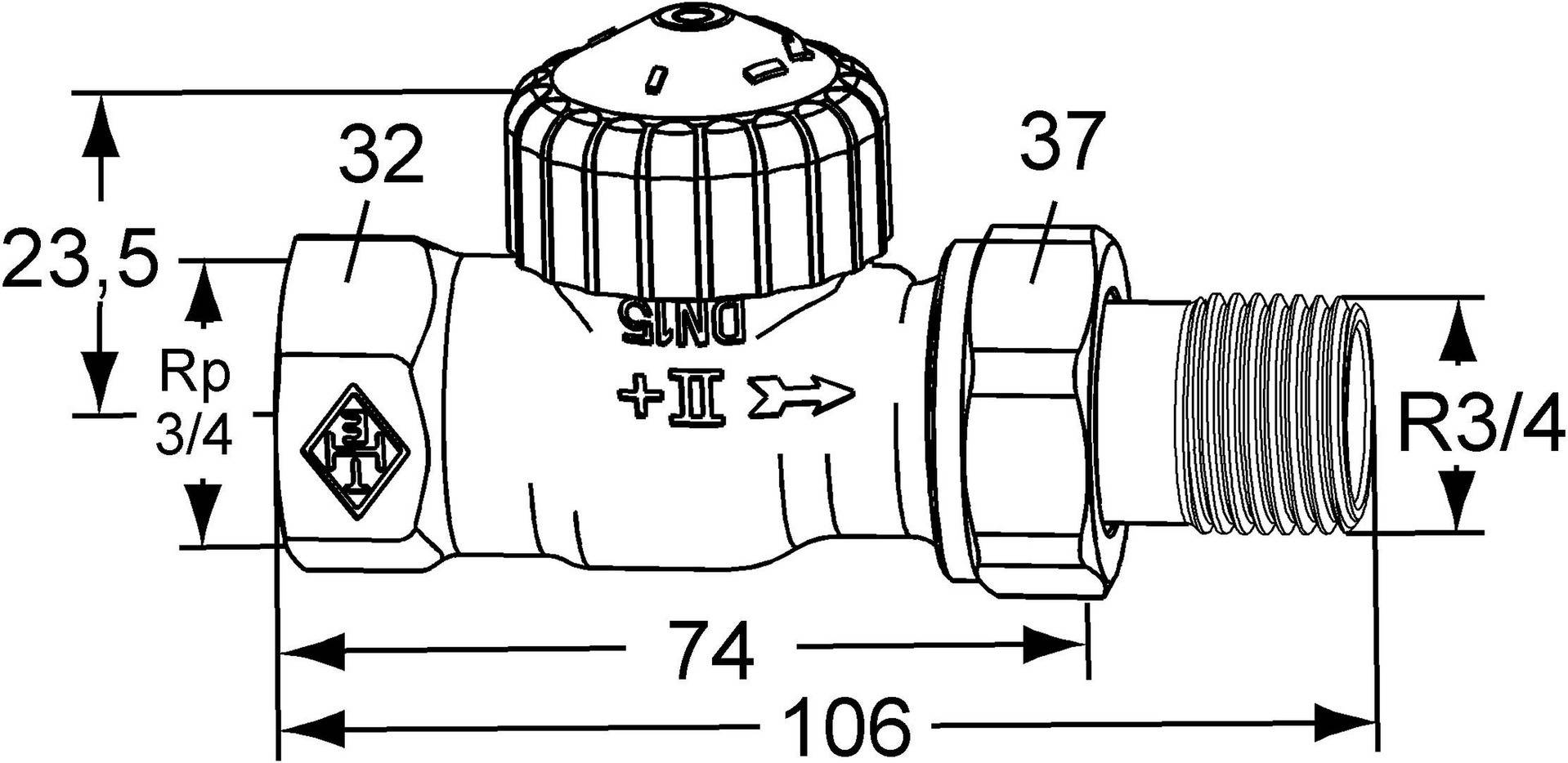 Diagramm eines Rohventils mit Maßangaben 'DN15', '+II', Länge '106', Durchmesser '37' und Deckelindikation '12'. Pfeile zeigen die Fließrichtung an.