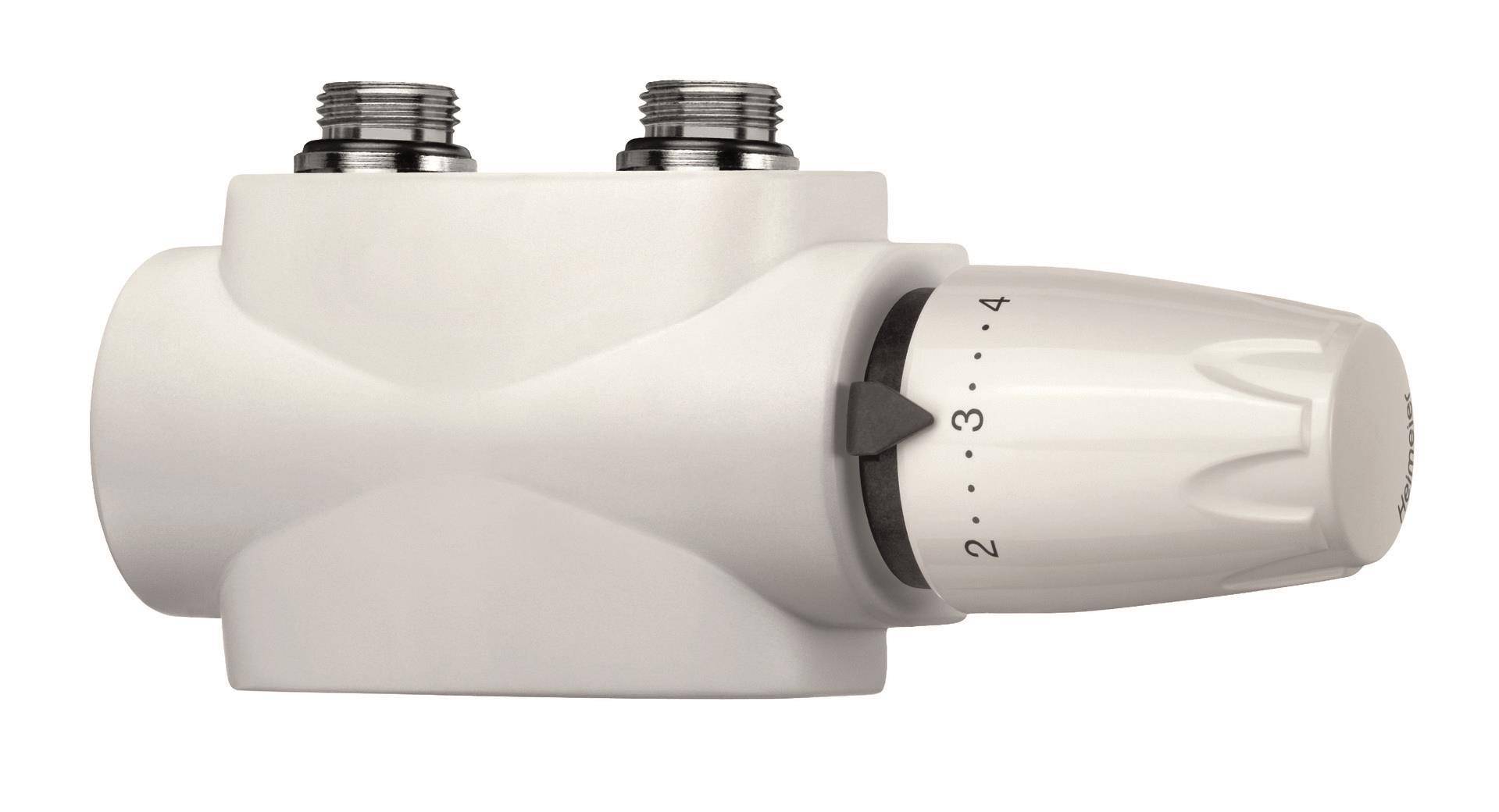 Ein weißes thermostatisches Heizkörperventil mit einer nummerierten Temperatureinstellungsscheibe und zwei Metallanschlüssen oben.
