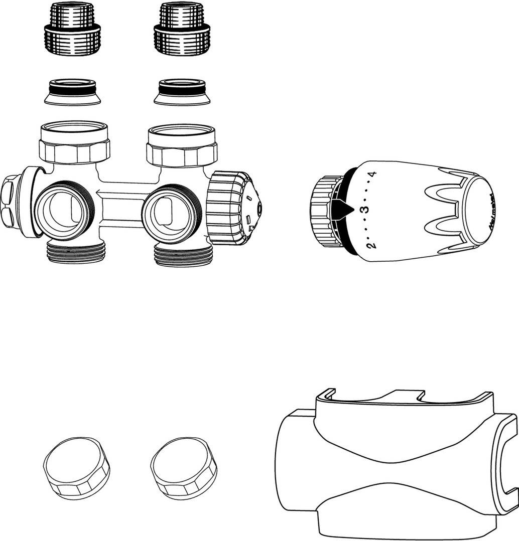 Diagramm von Sanitärventilen, Anschlüssen und einem Rohrabschnitt, das verschiedene Komponenten und deren Montageanordnung zeigt.