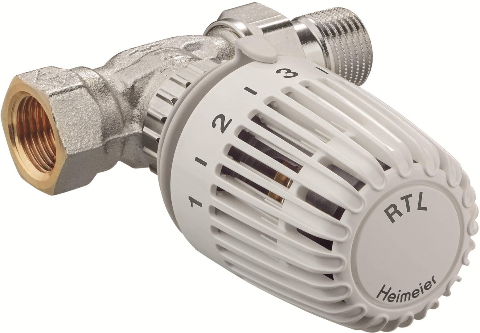 Nahaufnahme eines weißen Heizkörperthermostatventils mit den Zahlen 1 bis 5, die einstellbare Temperaturstufen anzeigen. Das Ventil ist an ein Rohr angeschlossen.