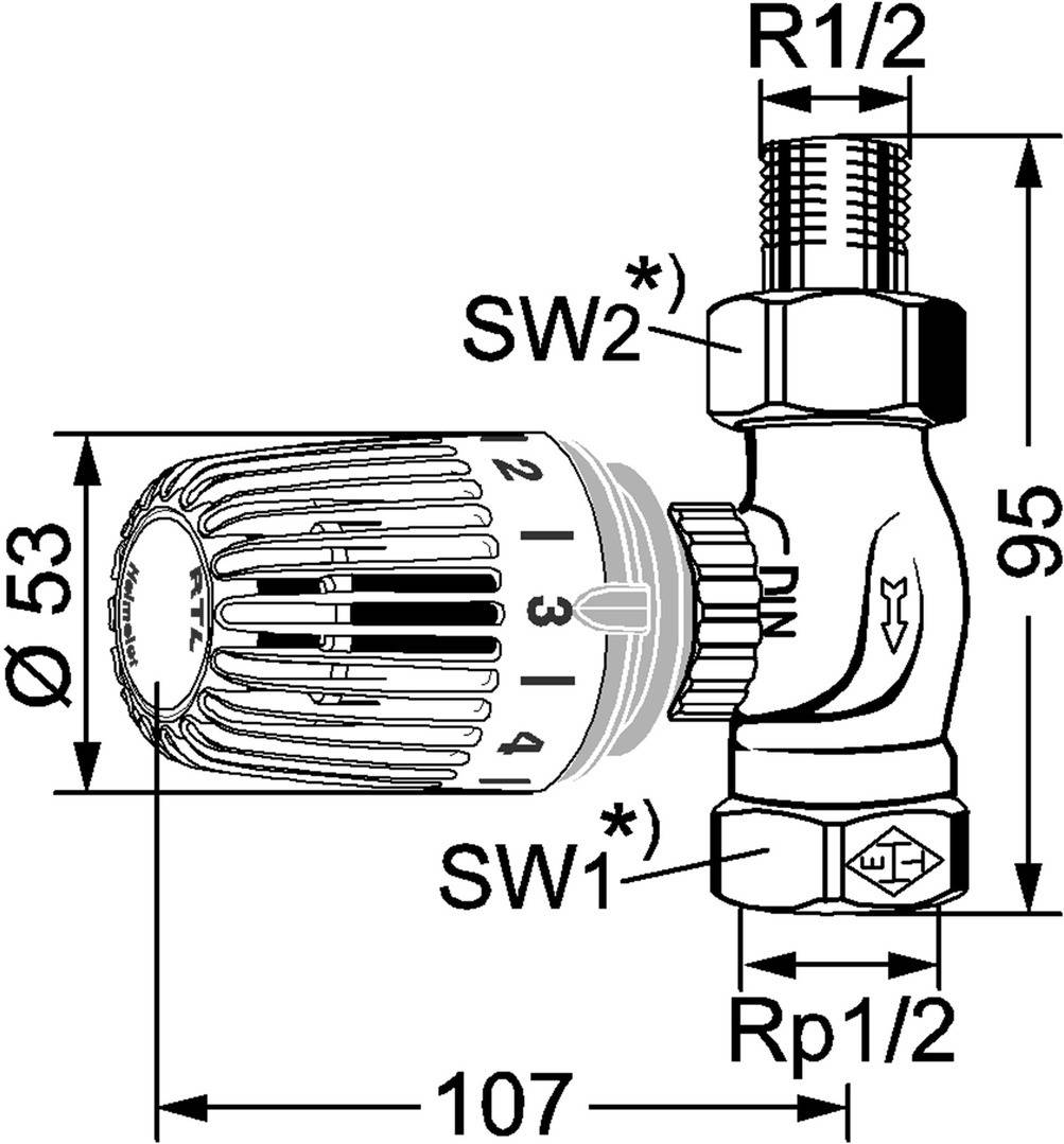 Technische Zeichnung eines thermostатischen Heizkörperventils, mit Abmessungen und Anschlussgrößen (SW1, SW2, Rp 1/2).
