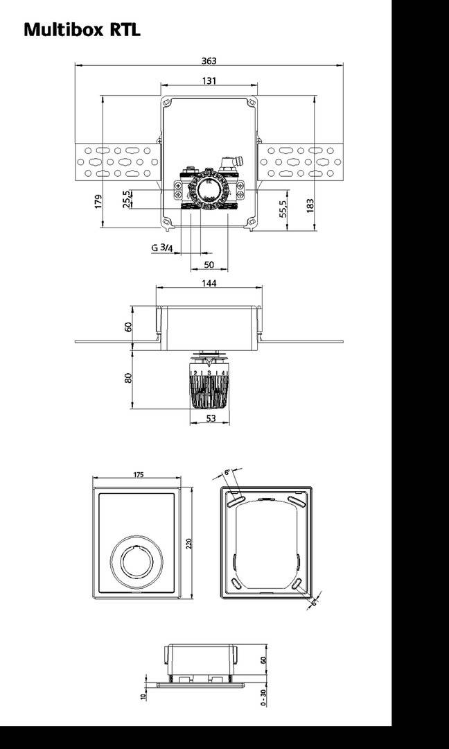 Technische Zeichnung eines quadratischen Duschventils mit Abmessungen: 144 x 80 x 175 mm. Zeigt Vorder-, Seiten- und Draufsicht mit detaillierten Maßangaben.