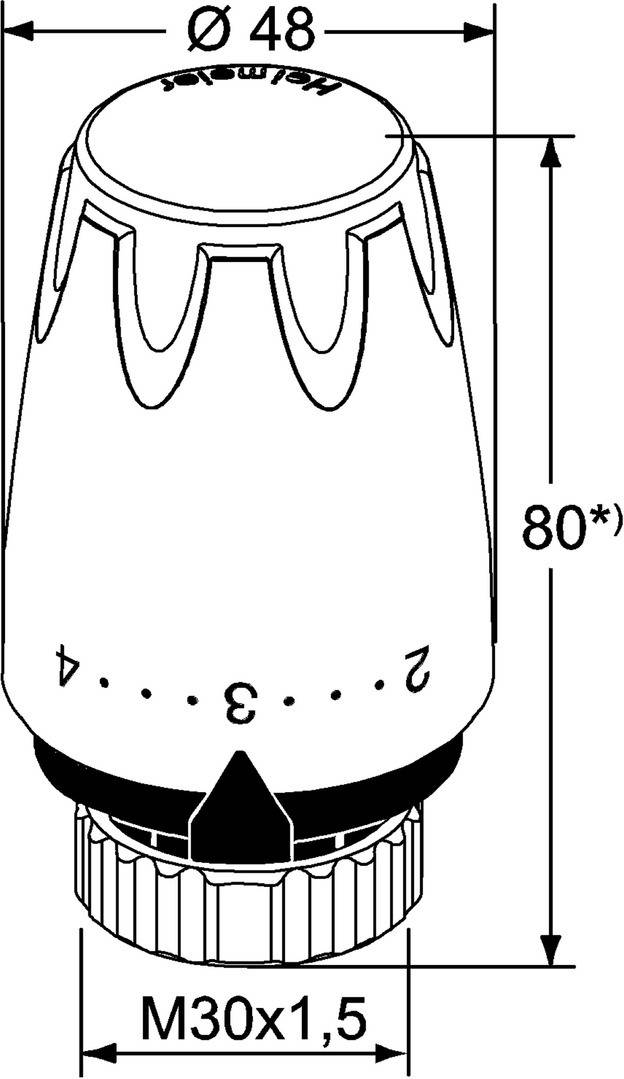 Eine Abbildung eines Kontrollknopfes, beschriftet von '1' bis '4'. Eine Seitenansicht zeigt eine Höhenmessung, die mit 80 mm markiert und mit einem Sternchen versehen ist.