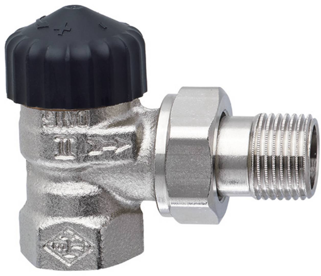 Ein metallisches Rohventil mit einem schwarzen Kunststoffgriff, das einen Pfeil zur Anzeige der Fließrichtung aufweist und zur Steuerung des Fluidflusses verwendet wird.