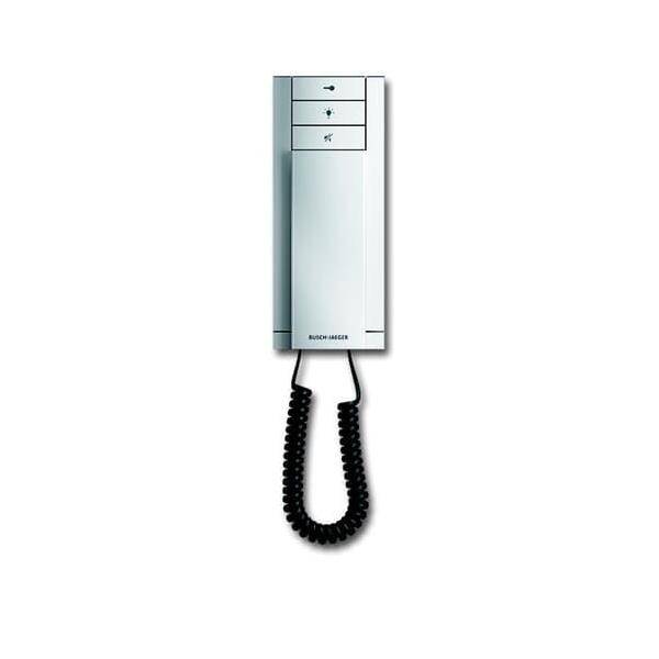Eine weiße, wandmontierte Gegensprechanlage mit drei Tasten und einem spiralförmigen Kabel zur Kommunikation, die in Wohn- oder Büroumgebungen verwendet wird.
