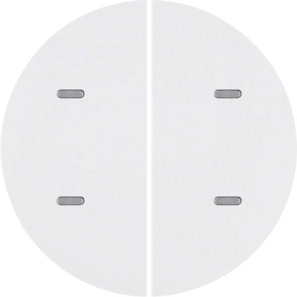 Eine runde, flache weiße Scheibe ist vertikal in zwei Hälften geteilt. Jede Hälfte weist kleine, gleichmäßig verteilte rechteckige Ausschnitte auf.