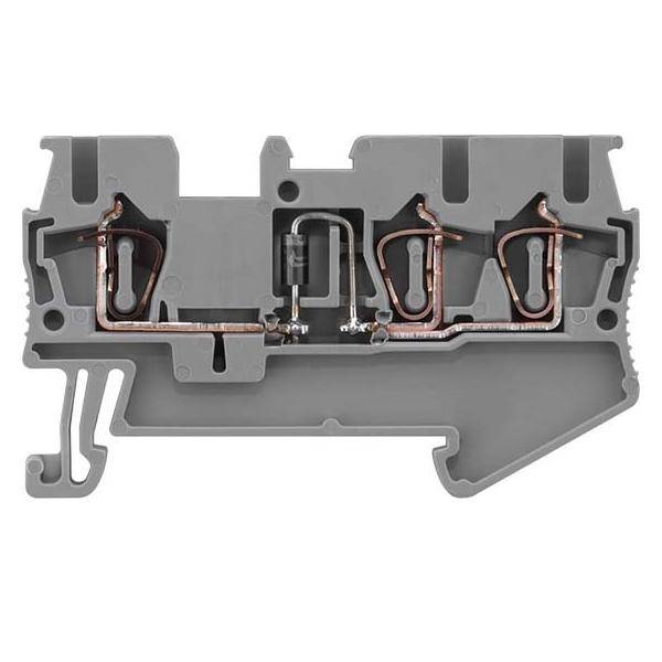 Querschnitt eines elektrischen Anschlussklemmenblocks, der die internen Kupferverbindungen und -wege innerhalb eines grauen Isoliergehäuses zeigt.