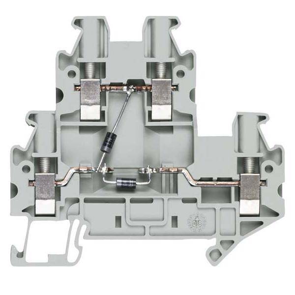 Ein zweistufiger Klemmenblock mit integrierten elektronischen Komponenten, ausgestattet mit einer Diode und einem Widerstand, die auf seiner zentralen Brücke positioniert sind.
