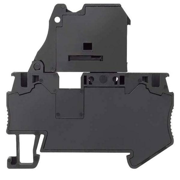 Ein schwarzer Kunststoff-Anschlussklemmenblock mit kompaktem Design, verwendet zur Verbindung elektrischer Schaltkreise in Steuerungstafel und industrieller Ausrüstung.