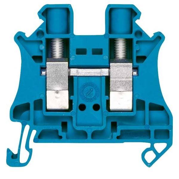 Ein blauer Elektroklemmenblock mit zwei metallischen Anschlüssen in der Mitte, konzipiert zum Sichern und Verbinden von elektrischen Leitungen.