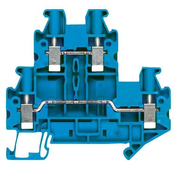 Ein blauer, T-förmiger elektrischer Anschlussblock mit Metallverbindern zur Drahtbefestigung, der zur Verbindung elektrischer Schaltkreise verwendet wird.