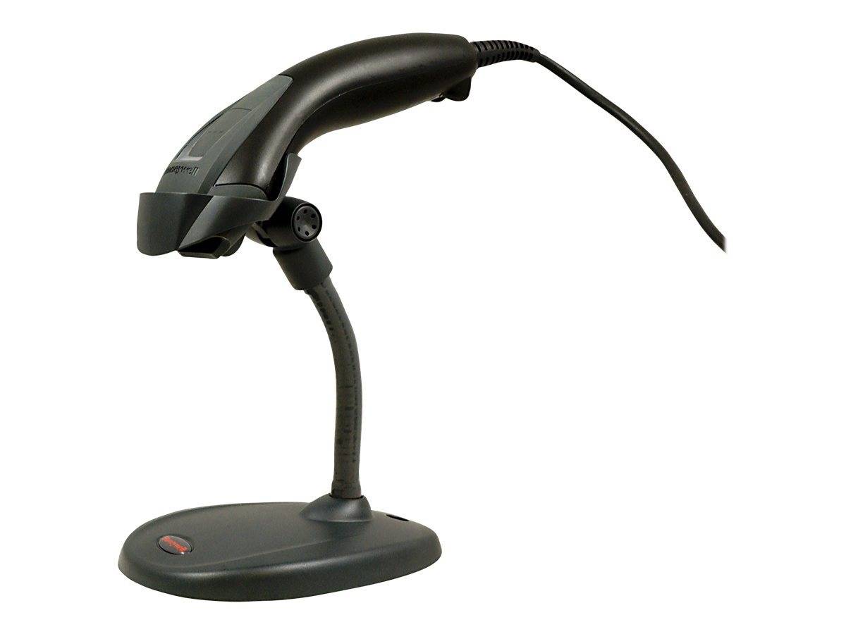 Schwarzer schnurgebundener Barcode-Scanner auf einem Ständer vor weißem Hintergrund.