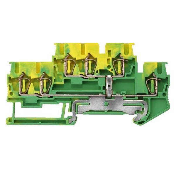 Ein grüner und gelber Elektro-Klemmenblock mit Metallverbindern und einer Befestigungsvorrichtung zum Sichern von Drähten in einer industriellen Umgebung.