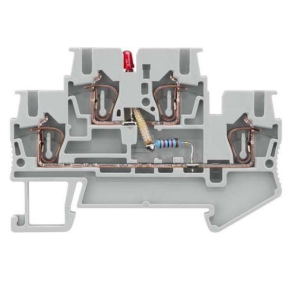 Eine Schnittansicht eines elektrischen Klemmenblockes, die interne Verbindungen, Kupferleiter, einen Widerstand und eine rote Anzeigelampe zeigt.