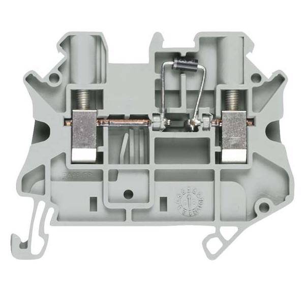 Ein weißer elektrischer Anschlussblock mit zwei Schraubanschlüssen und einer Metallkontaktbrücke, der zum Sichern und Verbinden von Leitungen in Stromkreisen verwendet wird.