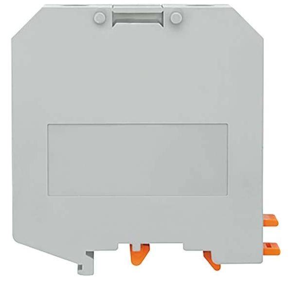 Grauer Reihenklemmenblock mit zwei orangefarbenen Hebeln an den Seiten, verwendet für elektrische Verbindungen, mit rechteckiger, flacher Konstruktion.
