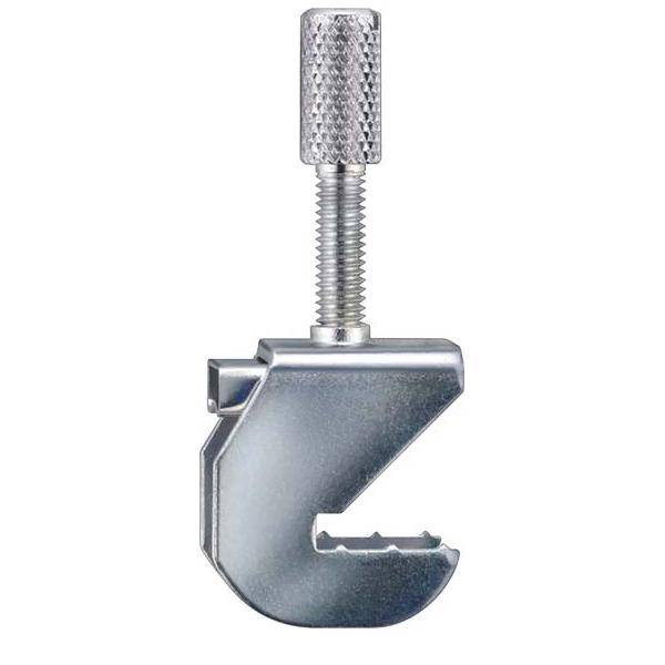 Metallklemme mit einer Gewindeschraube zum Befestigen von Gegenständen, mit silberner Beschichtung und gerillten Backen für einen sicheren Griff.