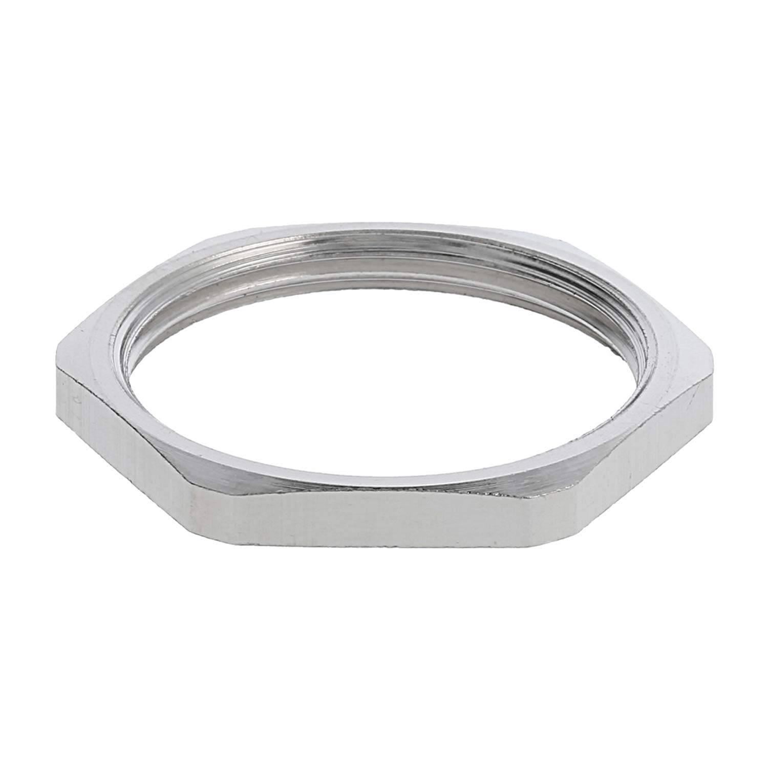 Ein glänzender metallischer Sechskantmutter mit einem gewinde Innenraum, von oben gesehen.