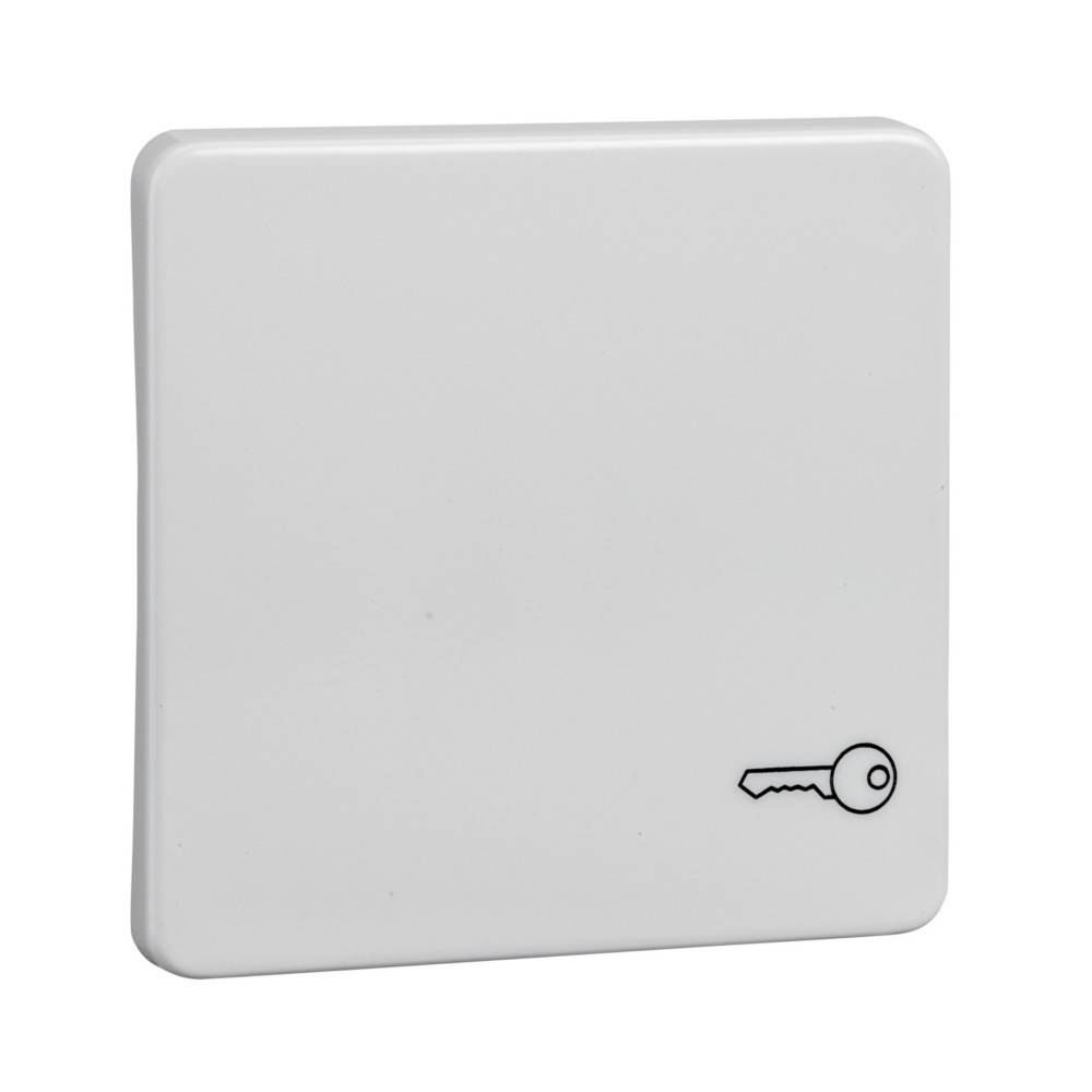 Weißer Lichtschalter mit einem Schlüsselsymbol in der unteren rechten Ecke, das eine Sicherheits- oder Zugangsbeschränkungsfunktionalität anzeigt.