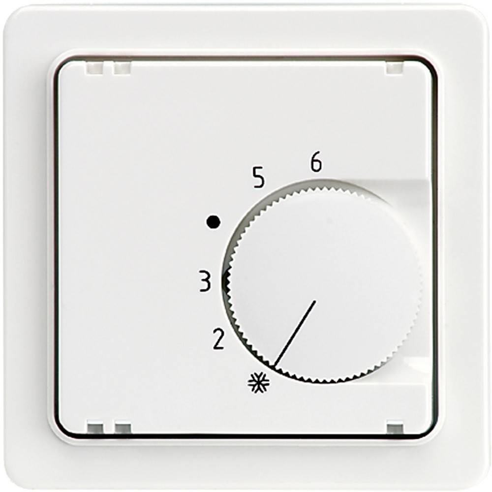 Ein weißes Thermostat mit einer kreisförmigen Skala, die von 2 bis 6 nummeriert ist und Temperatureinstellungen anzeigt.