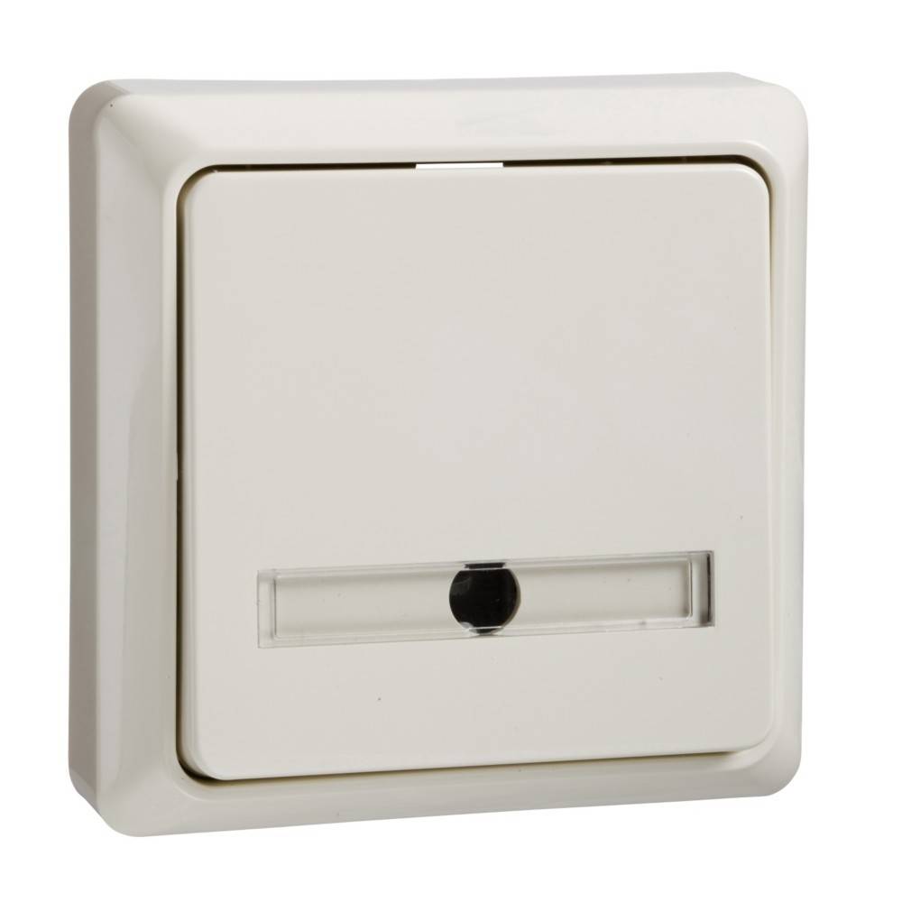 Ein weißer elektrischer Wandschalter mit rechteckiger Form und einem kleinen transparenten Bereich nahe dem unteren Rand.